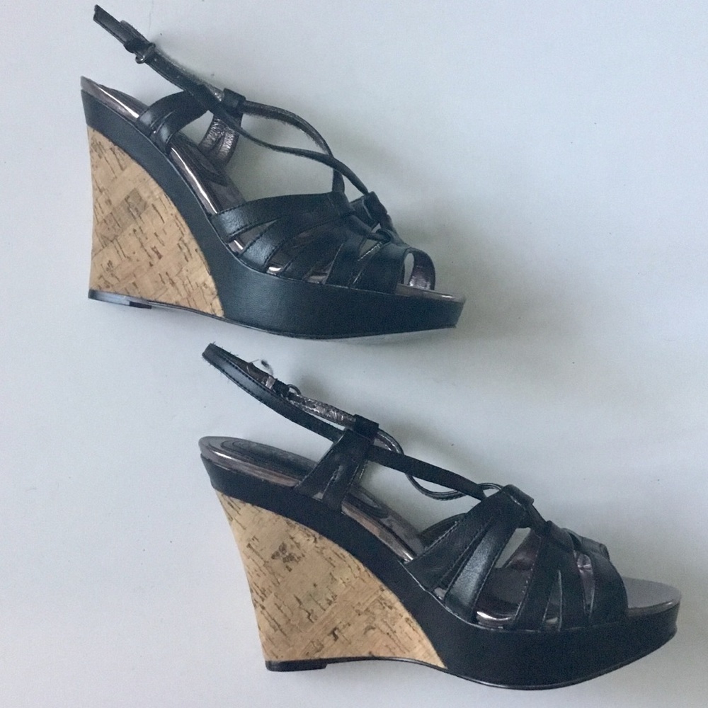 Charles David Black Leather Wedges NEW